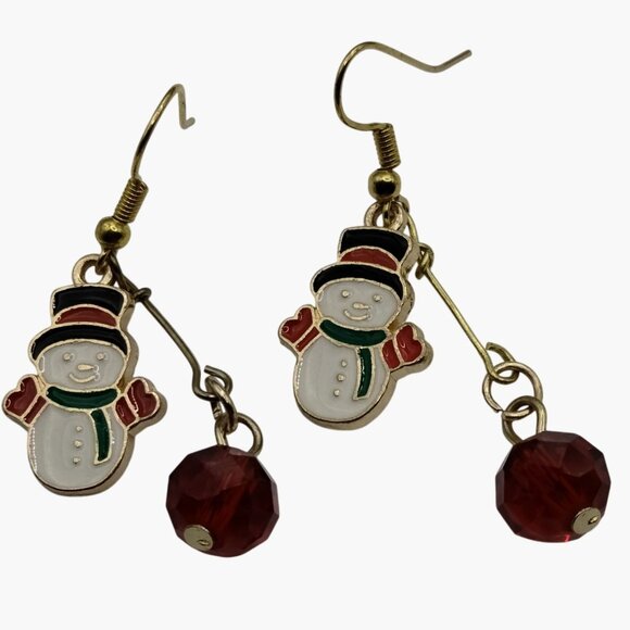 Snowman Enamel Dangle Earrings Holiday Jewelry - Picture 1 of 4